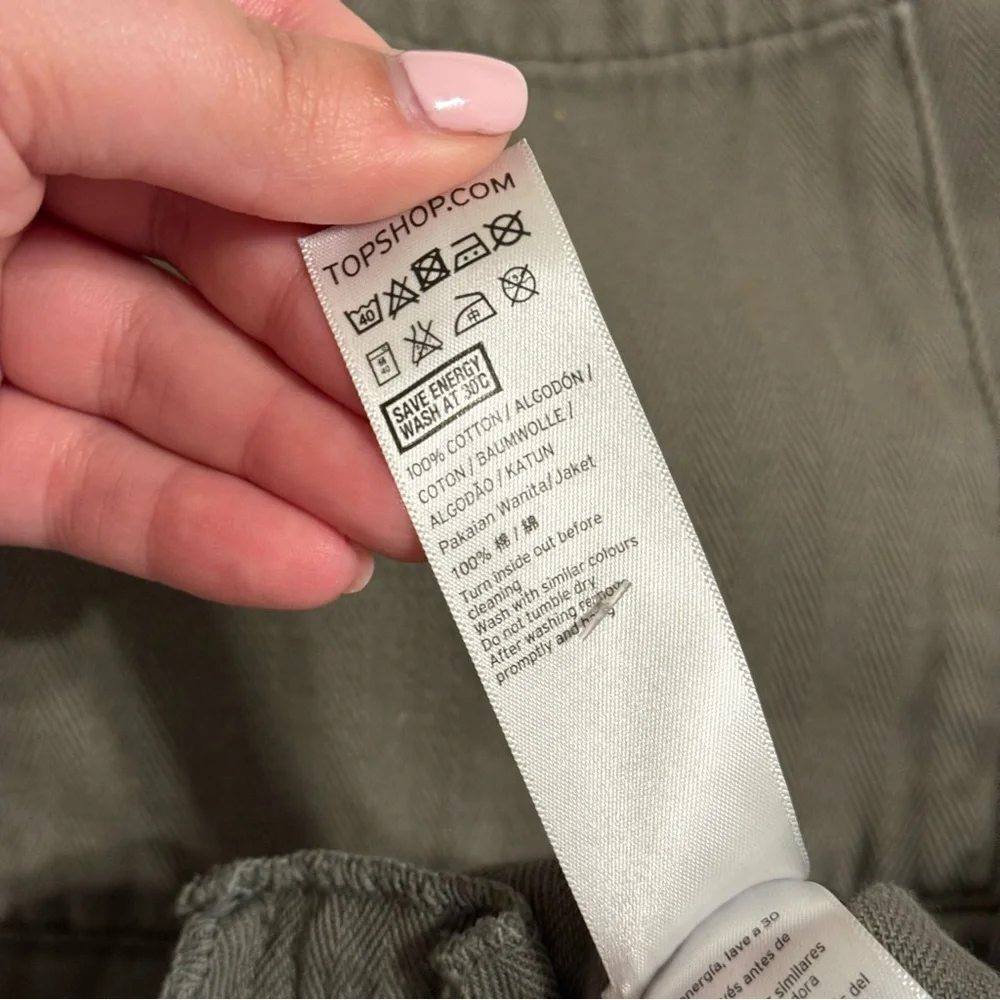 Topshop Army Green Distressed Utility Jacket Button Up 100% Cotton Size 6